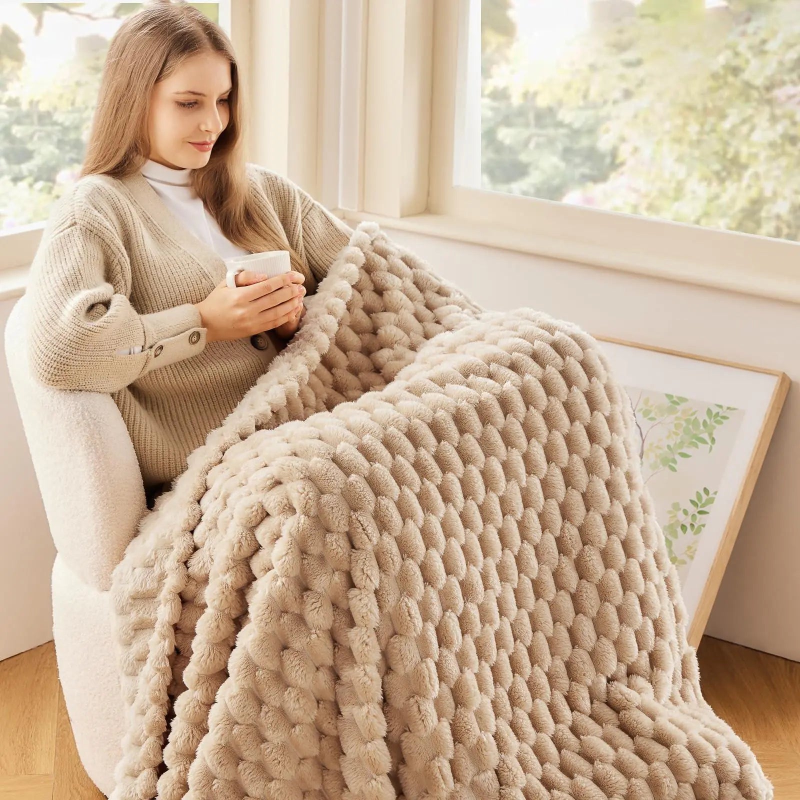 3D Cloud Design Silky Flannel Fleece Blanket in Army Green, Light Gray, Red, Blue - Multiple Sizes Available — Lifestyle 1
