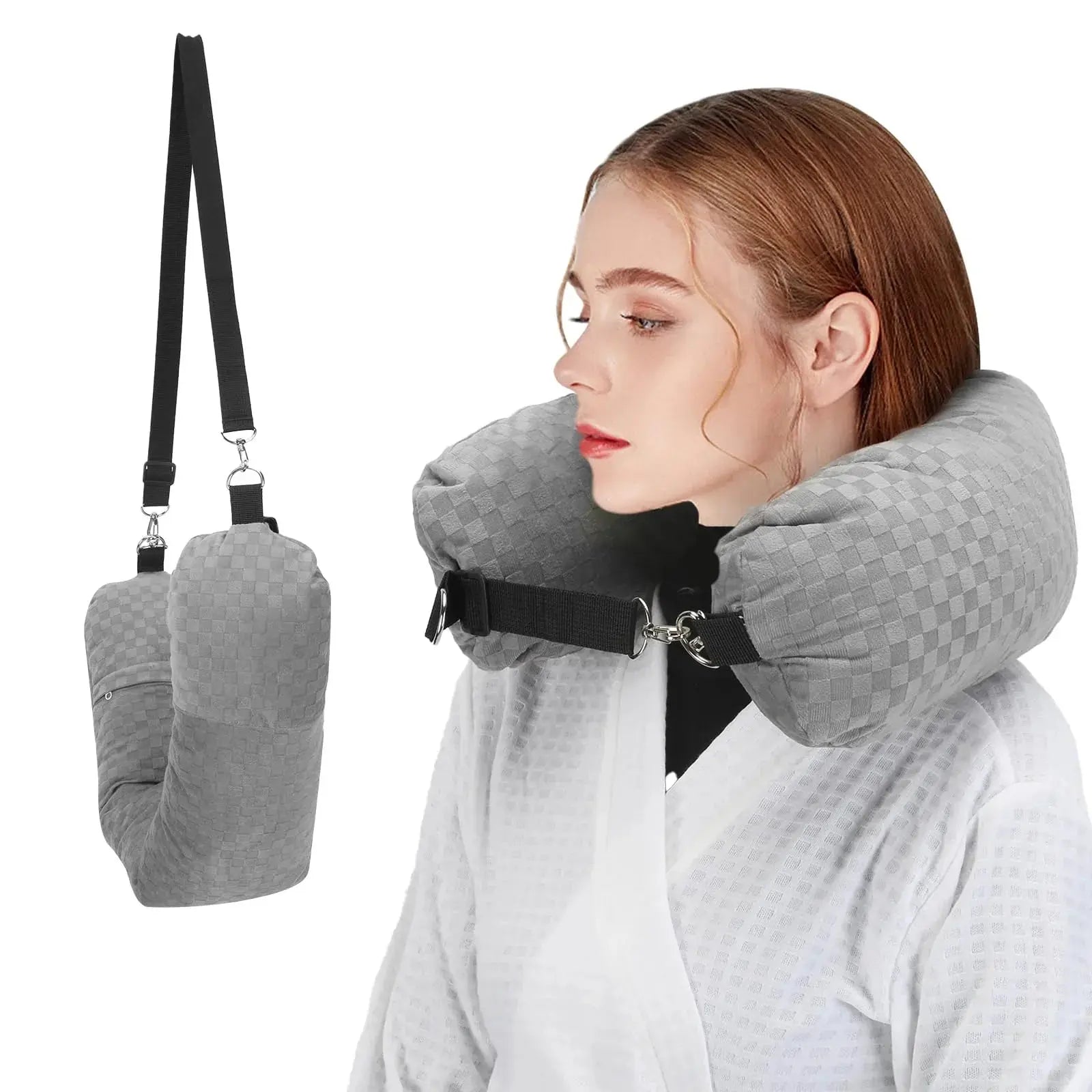 Fillable Travel Neck Pillow for Comfortable Rest in Grey, Black, Dark Blue, and Pink - Ideal for Journeys — Lifestyle 7