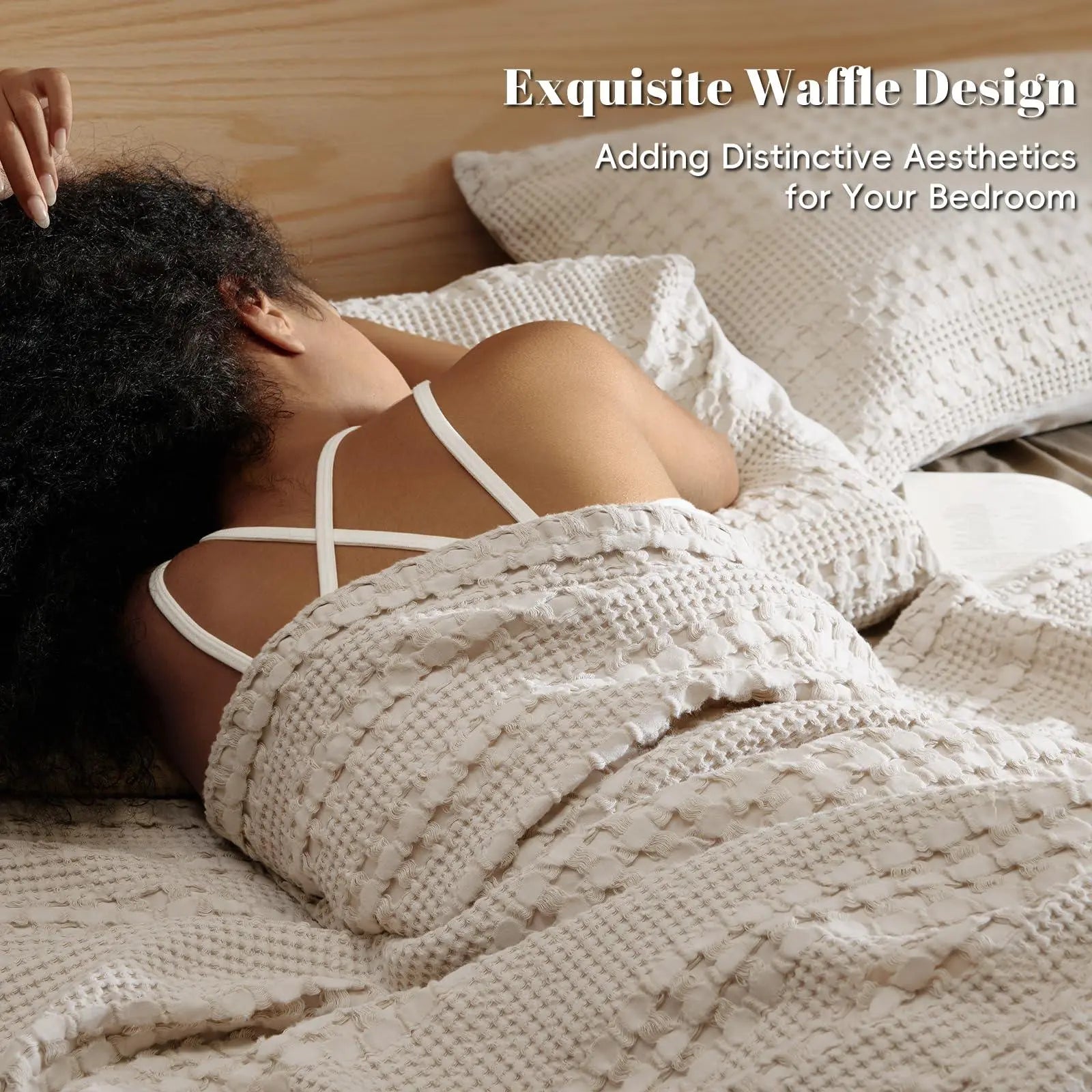 Cotton Waffle Weave Summer Blanket in Khaki, Yellow, Blue, and Gray - Available in Double, Queen, King Sizes — Lifestyle 1