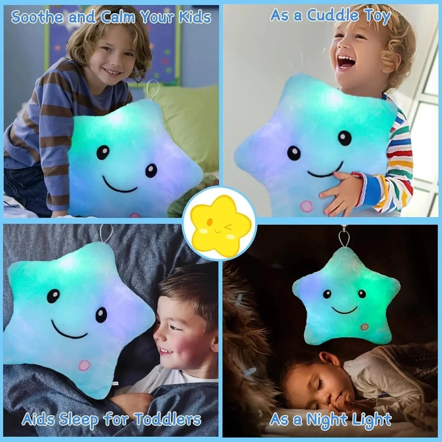 Twinkle Star Plush Pillow - Soft LED Glow Cushion for Sleep, Available in Blue, Yellow, Pink, Purple, 24cm Height — Lifestyle