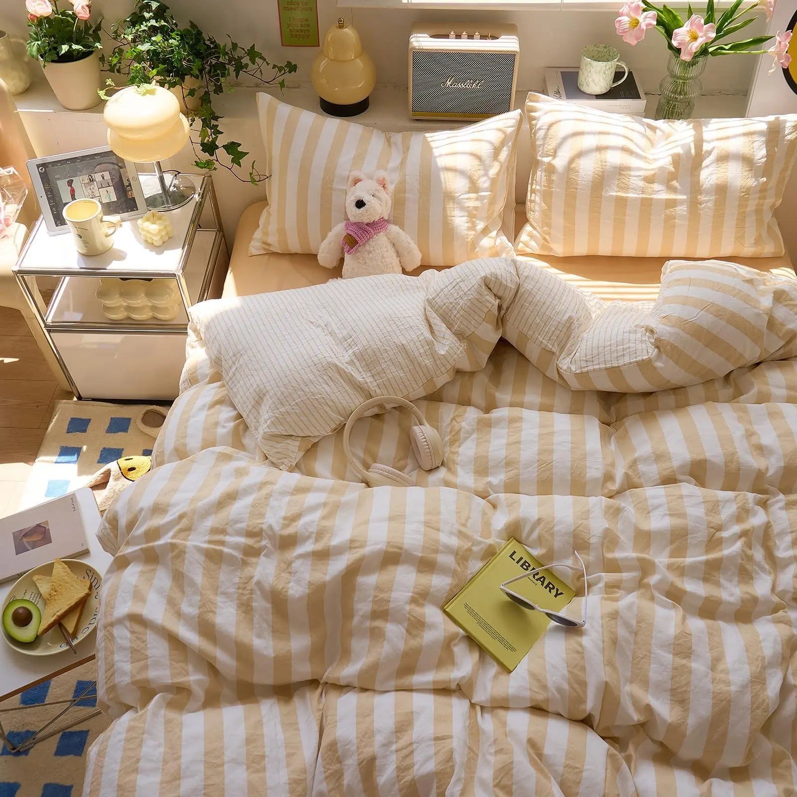 Cotton Crepe Striped Bedding Set - Available in Yellow, Green, Pink, Purple; Sizes 71x79" & 79x91" for Comfortable Sleep — Li