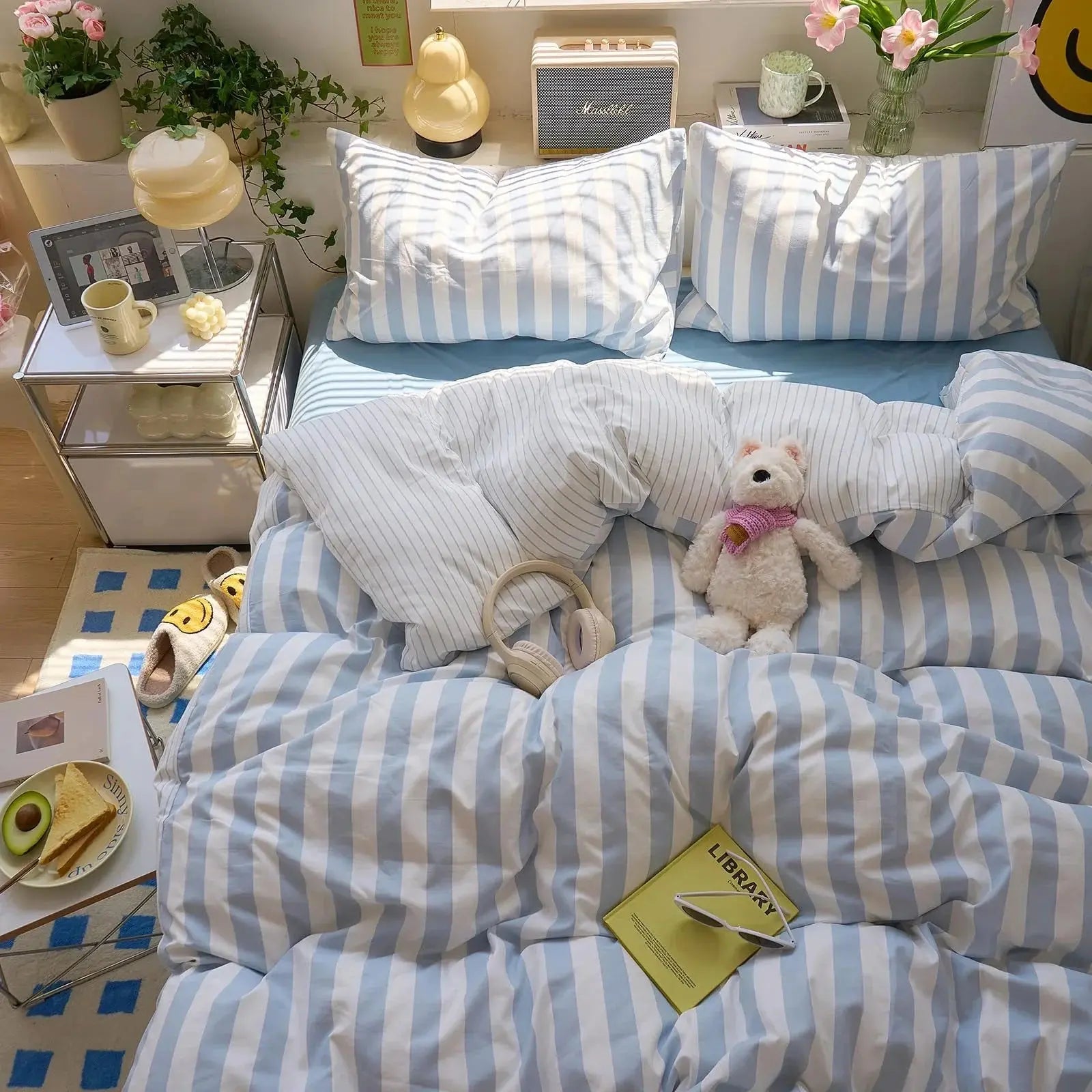 Cotton Crepe Striped Bedding Set - Available in Yellow, Green, Pink, Purple; Sizes 71x79" & 79x91" for Comfortable Sleep — Li