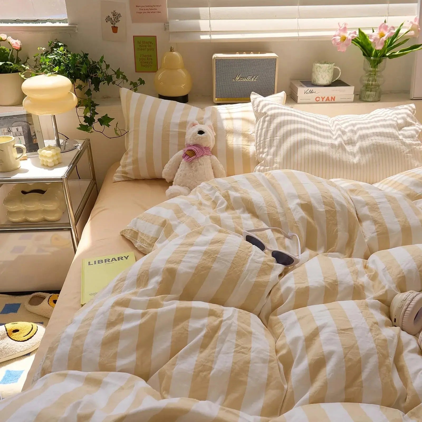 Cotton Crepe Striped Bedding Set - Available in Yellow, Green, Pink, Purple; Sizes 71x79" & 79x91" for Comfortable Sleep — Li