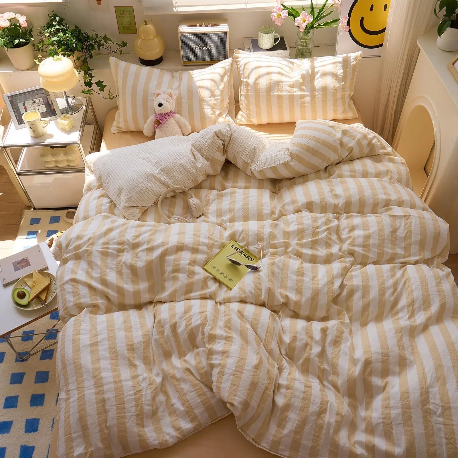 Cotton Crepe Striped Bedding Set - Available in Yellow, Green, Pink, Purple; Sizes 71x79" & 79x91" for Comfortable Sleep — Li