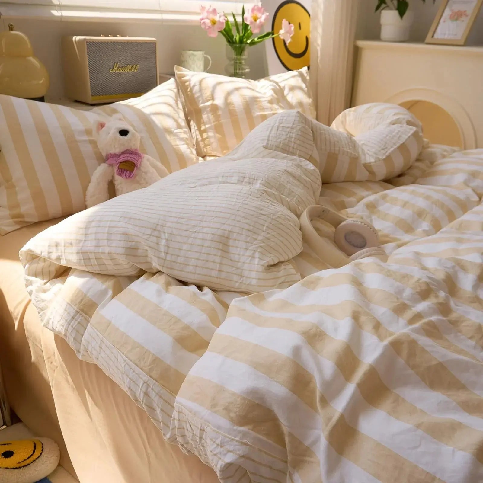 Cotton Crepe Striped Bedding Set - Available in Yellow, Green, Pink, Purple; Sizes 71x79" & 79x91" for Comfortable Sleep — Li