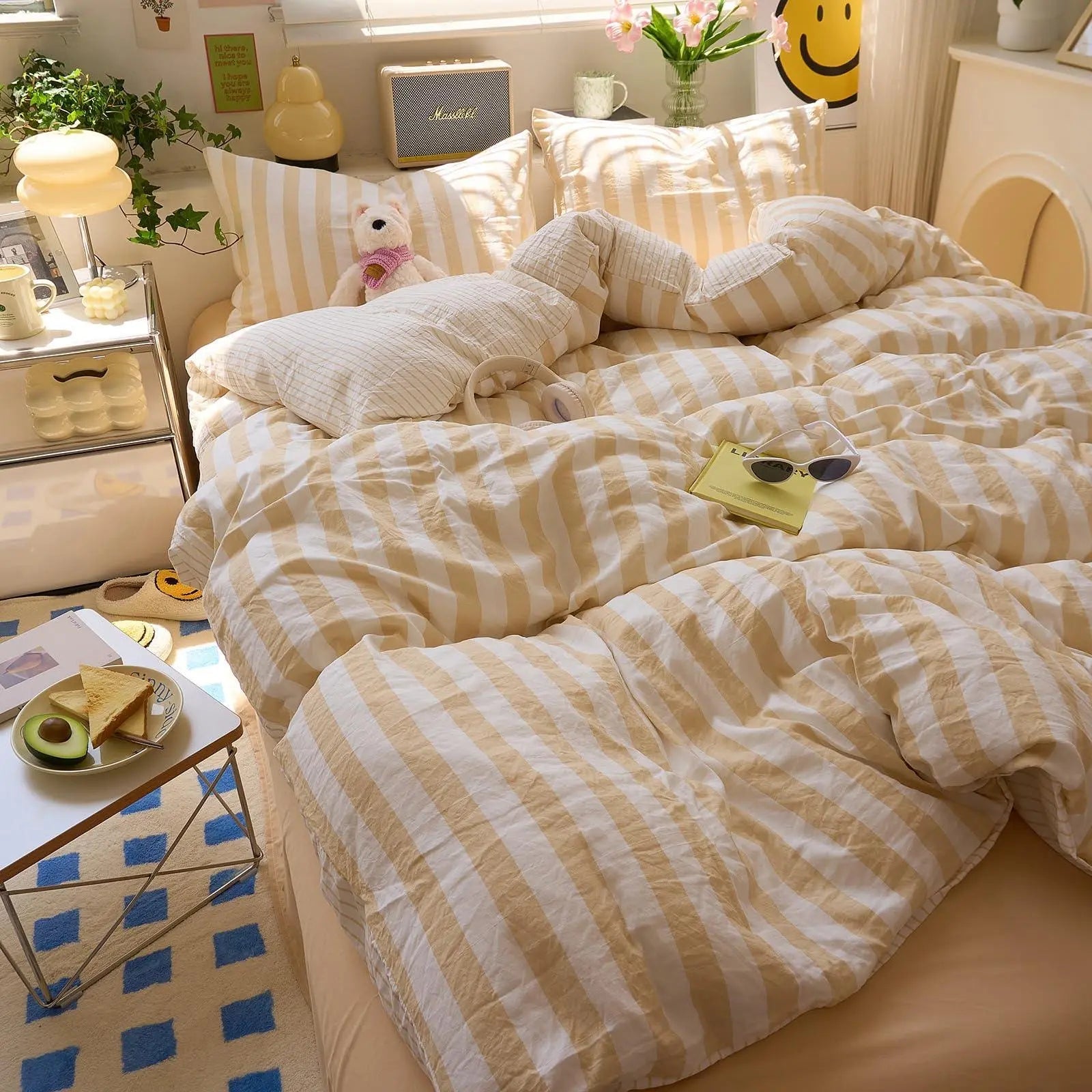 Cotton Crepe Striped Bedding Set - Available in Yellow, Green, Pink, Purple; Sizes 71x79" & 79x91" for Comfortable Sleep — Li