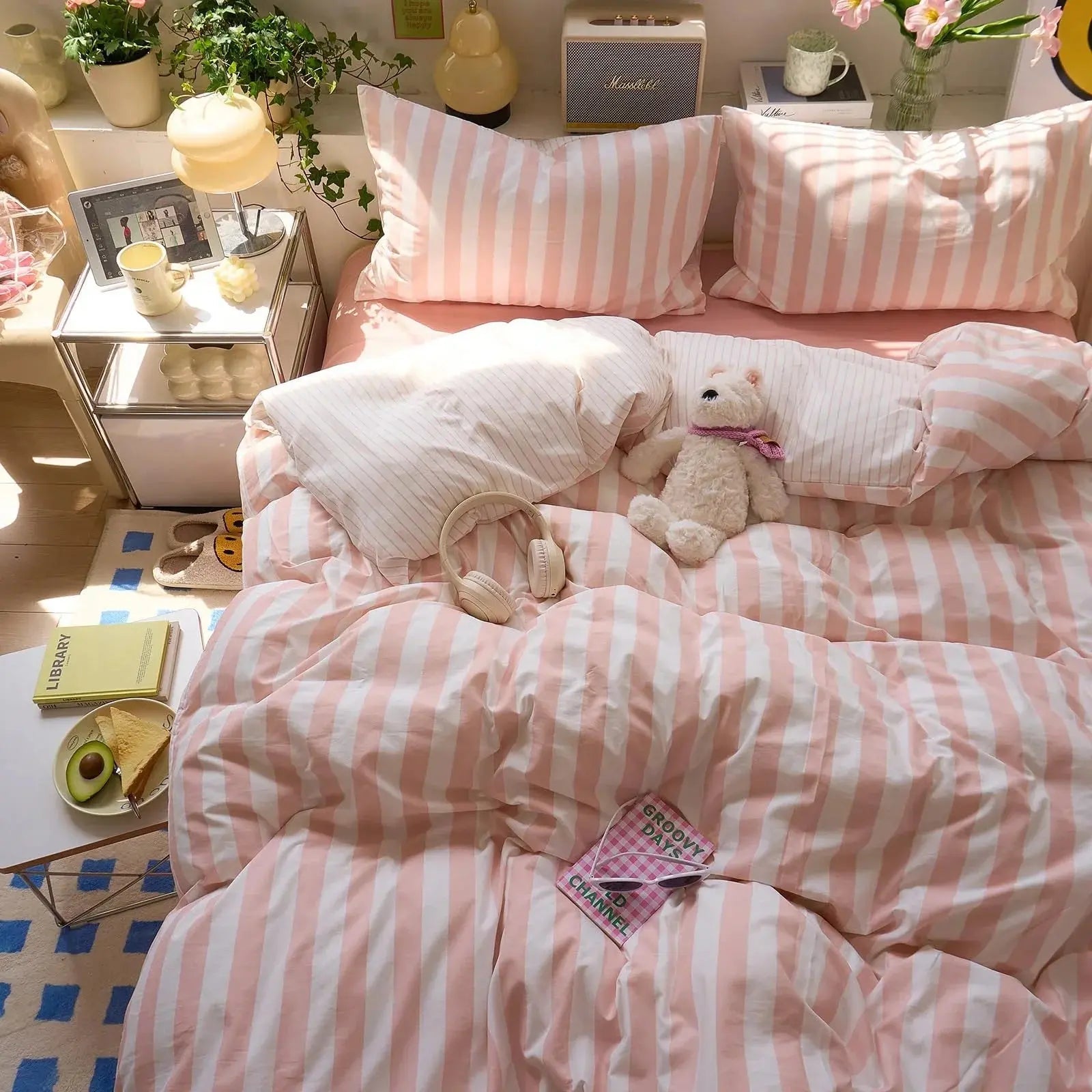 Cotton Crepe Striped Bedding Set - Available in Yellow, Green, Pink, Purple; Sizes 71x79" & 79x91" for Comfortable Sleep — Li