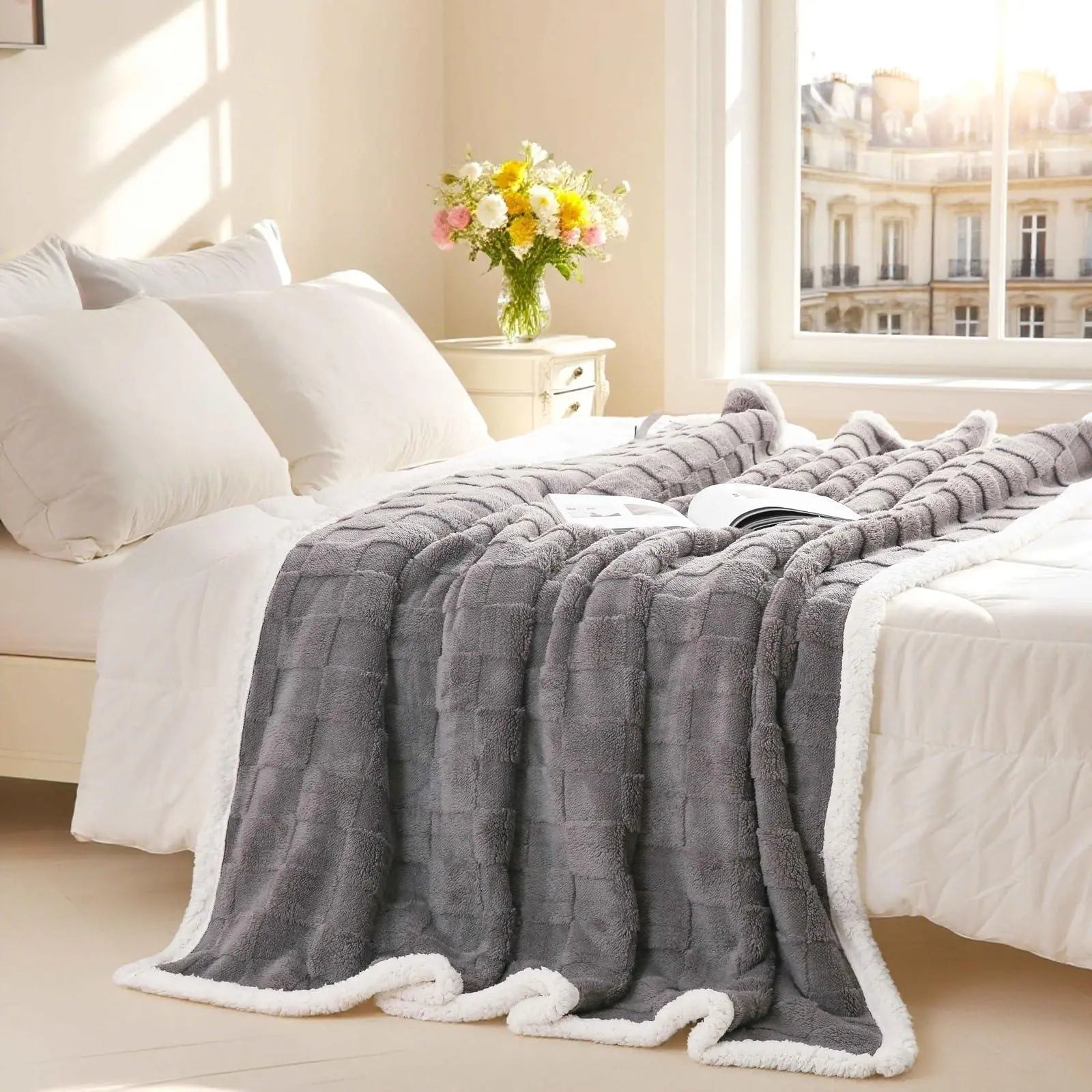 Sherpa Flannel Throw Blanket for Comfort and Warmth - Available in Pink, Beige, Grey, White; Sizes: Single, Double — Lifestyl
