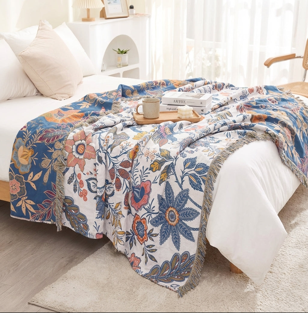 Artistic Flora Jacquard Blanket — Woven Botanical Throw — Front view