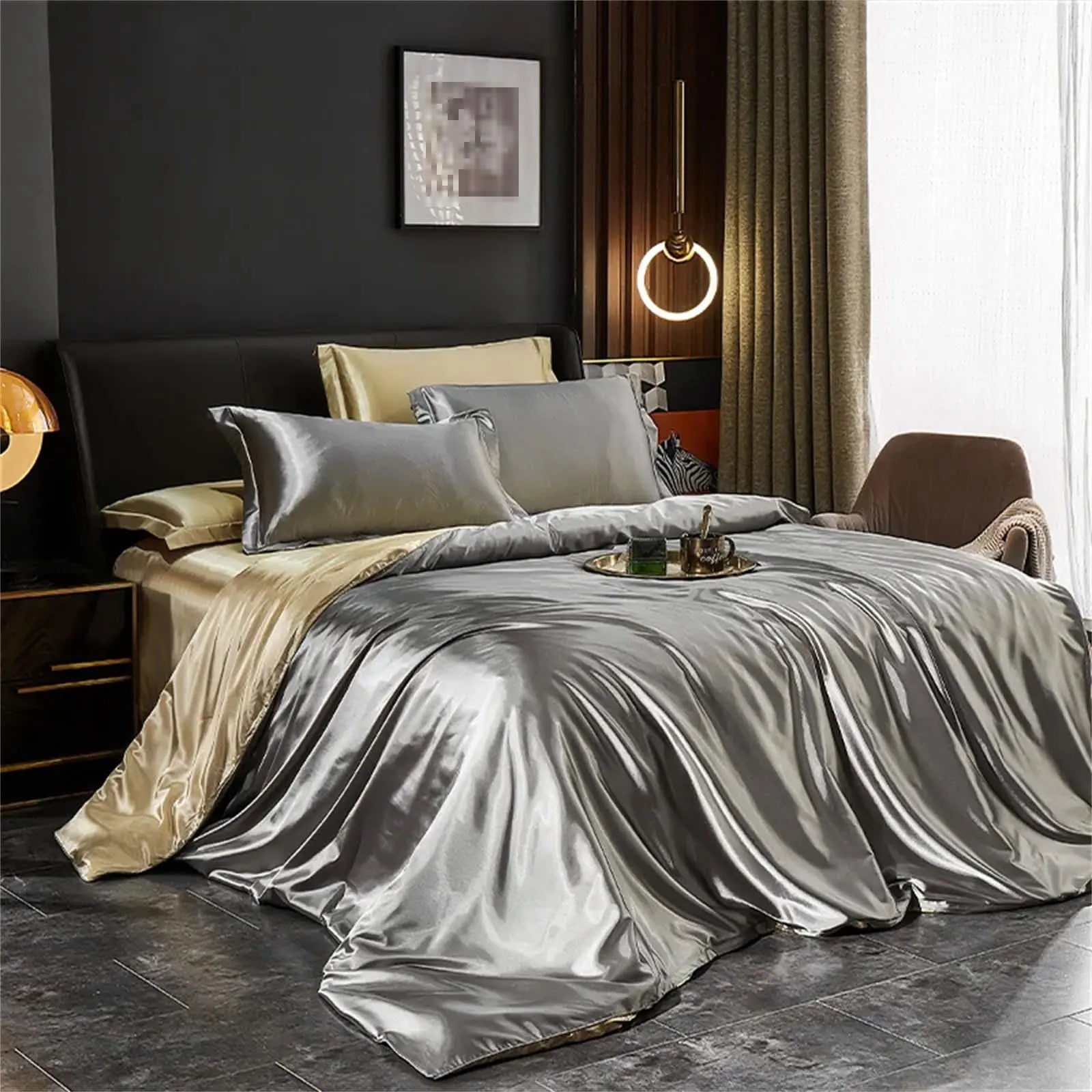 Luxury Mulberry Silk Bedding Set - 4 Piece Collection in Champagne, Pink, Purple, Blue - Duvet 79x91", Sheets 59" & 71 — Life