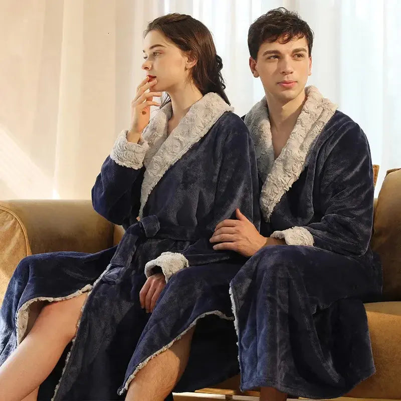 Couple's Flannel Fleece Bathrobes in Navy Blue, Black, Gray, Brown - Women's and Men's Sizes Available — Lifestyle 13