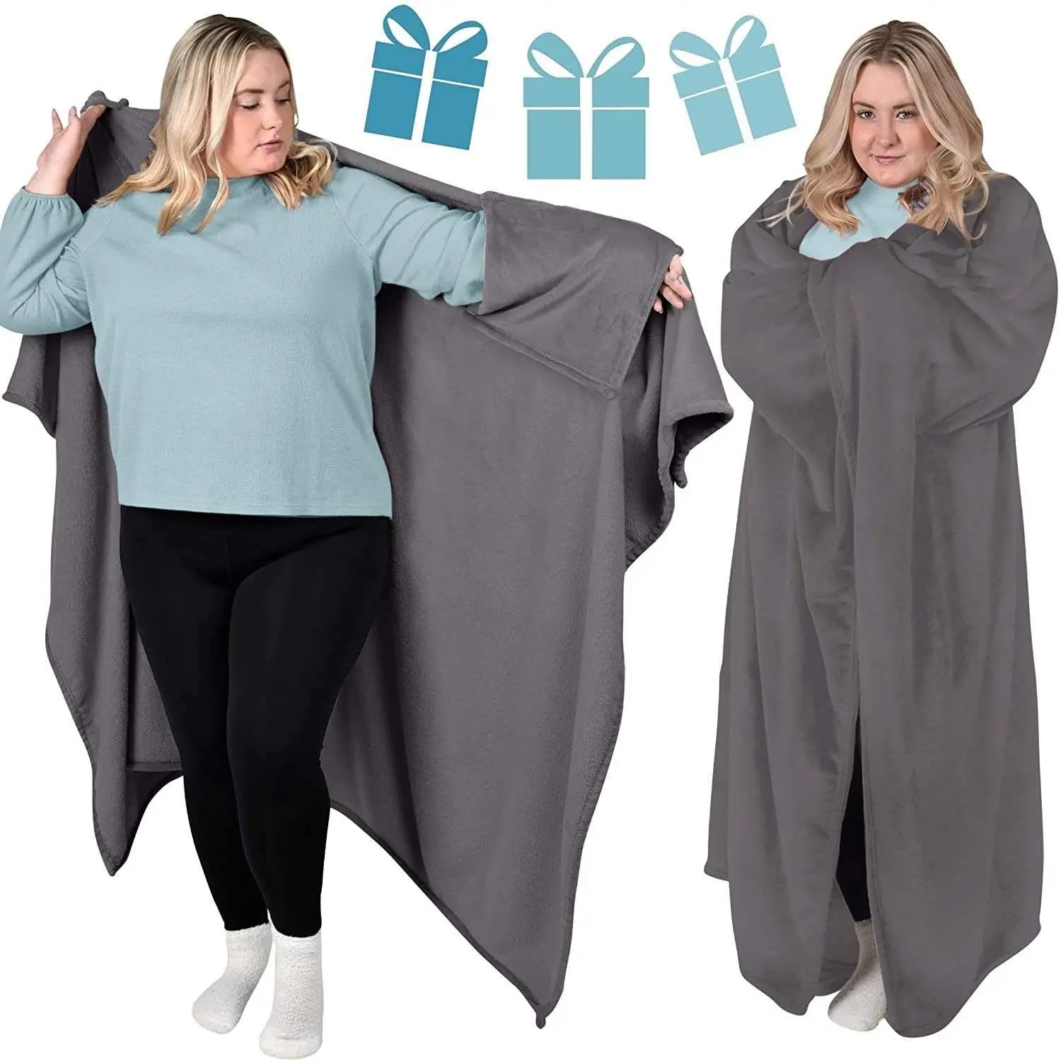 Cozy Flannel Wearable Blanket Throw for Restful Sleep - Available in Beige, Light Grey, Dark Grey, Deep Blue (154x177cm) — Li