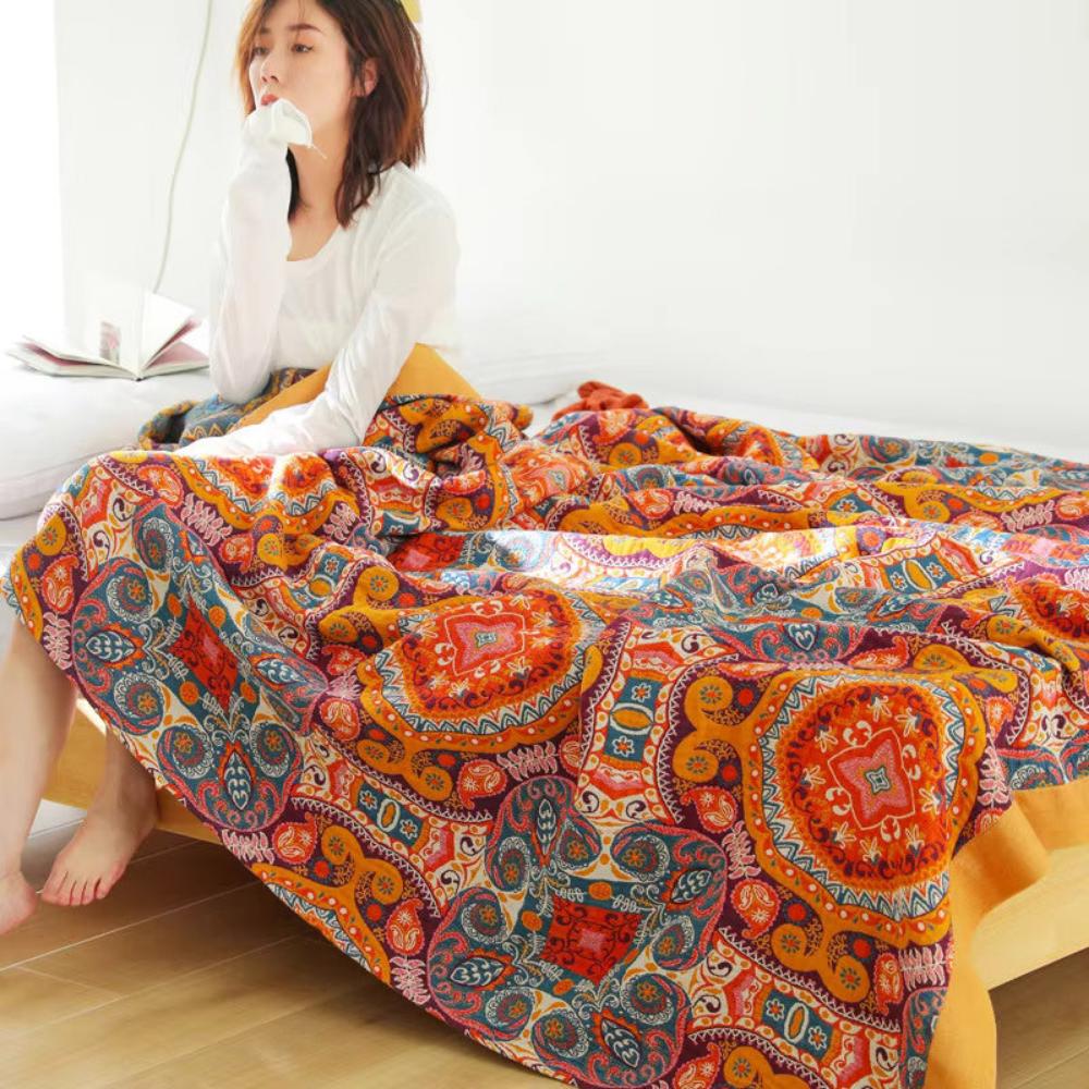 Cotton Sunrise Boho Throw Blanket — Reversible Woven Sun Motif — Lifestyle 6