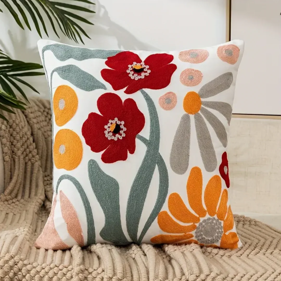 Embroidered Floral Cushion — Artisan High-Relief Statement — Front view