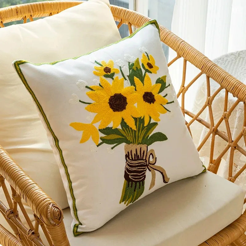 Embroidered Sunflower Cushion Cover — Cotton 45cm Accent — Lifestyle 6