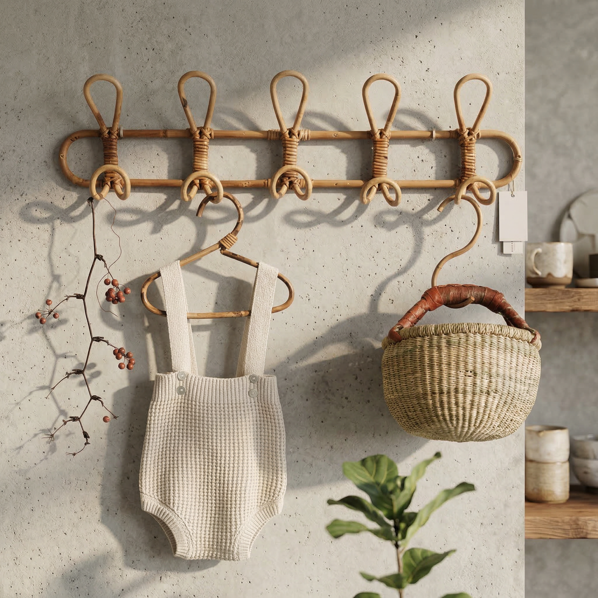 Rattan Braided Wall Hooks — Coastal Boho Pegs — Front view