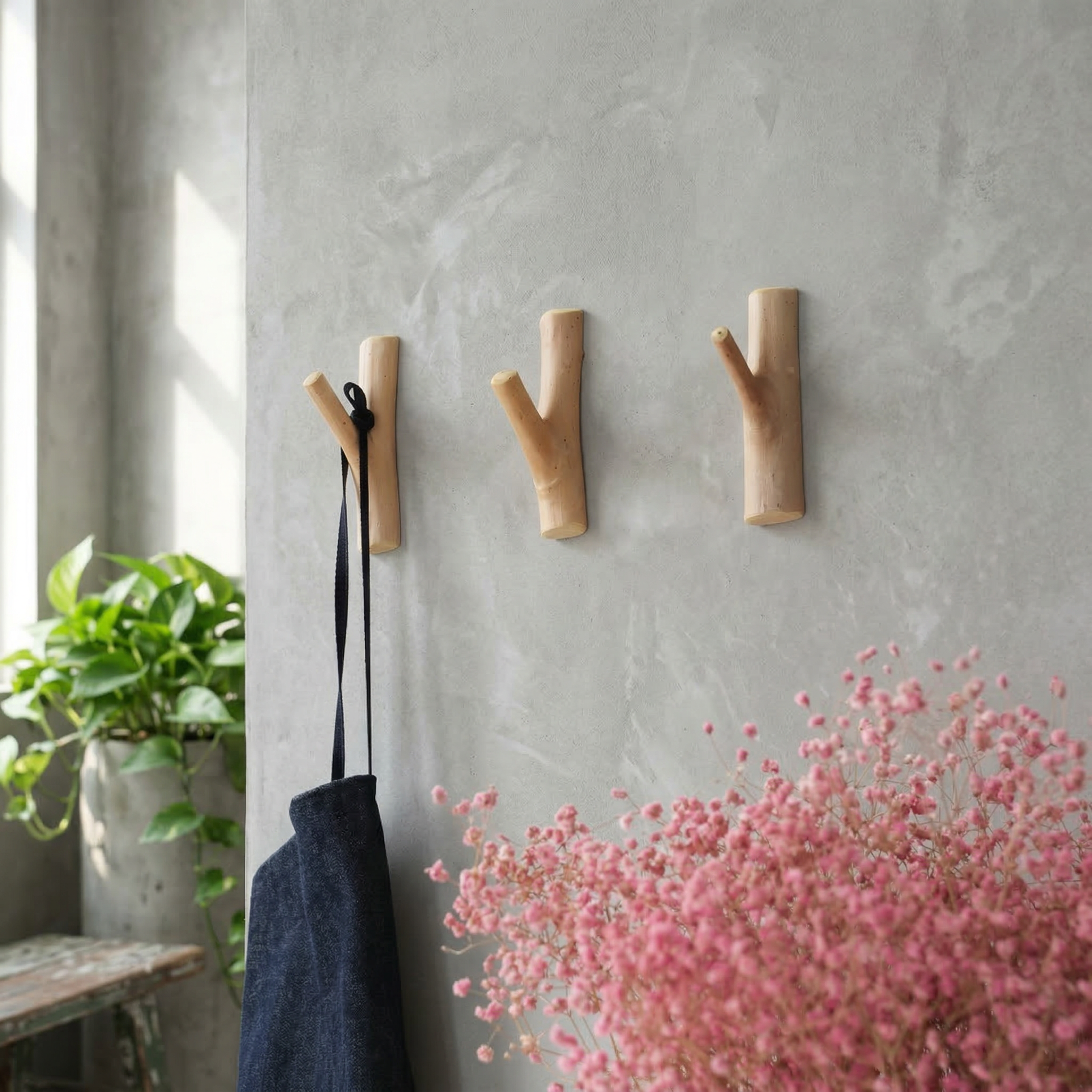 Timber Branch Wall Hook — Organic Wooden Peg — Front view