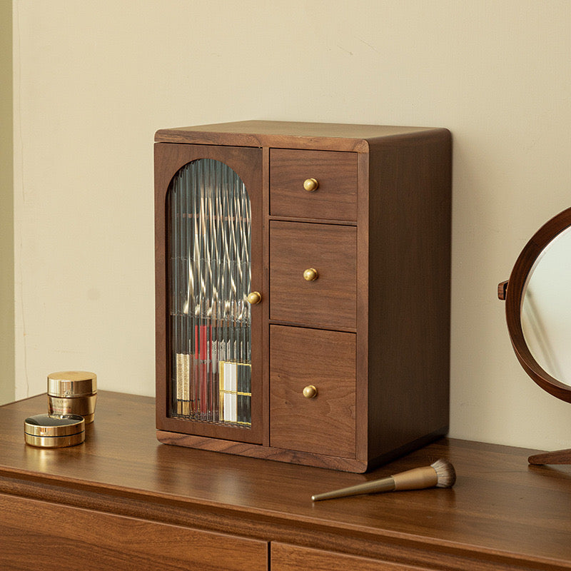 Walnut Fluted-Glass Vanity Cabinet — Dressing-Table Organiser — Detail