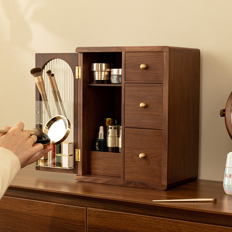 Walnut Fluted-Glass Vanity Cabinet — Dressing-Table Organiser — Lifestyle 1