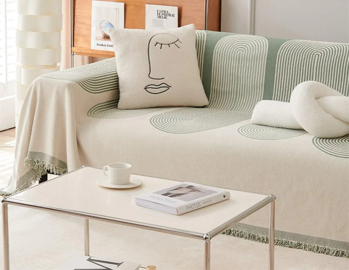 Chenille Arch Throw Blanket — Geometric Pistachio & Cream — Lifestyle 2