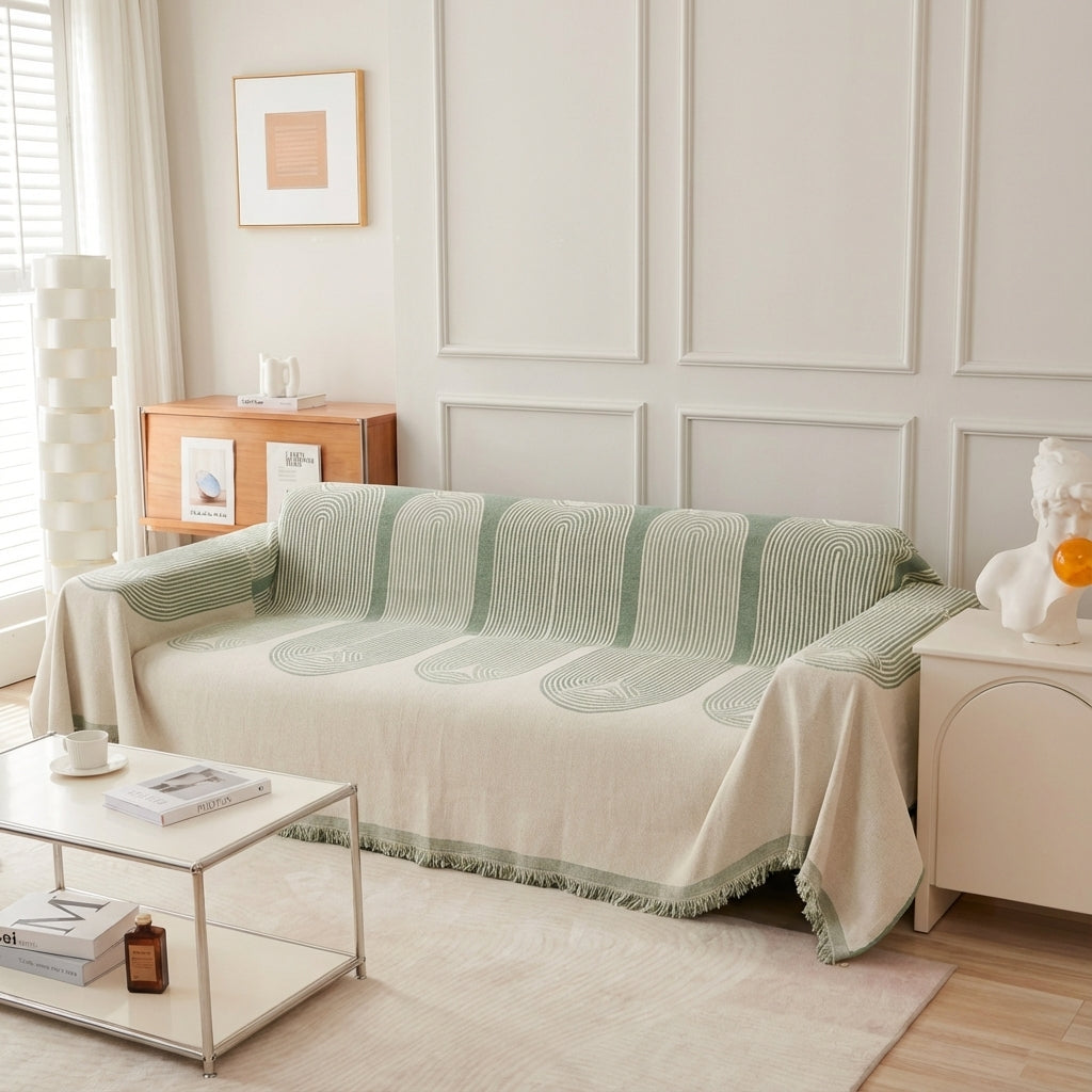 Chenille Arch Throw Blanket — Geometric Pistachio & Cream — Front view
