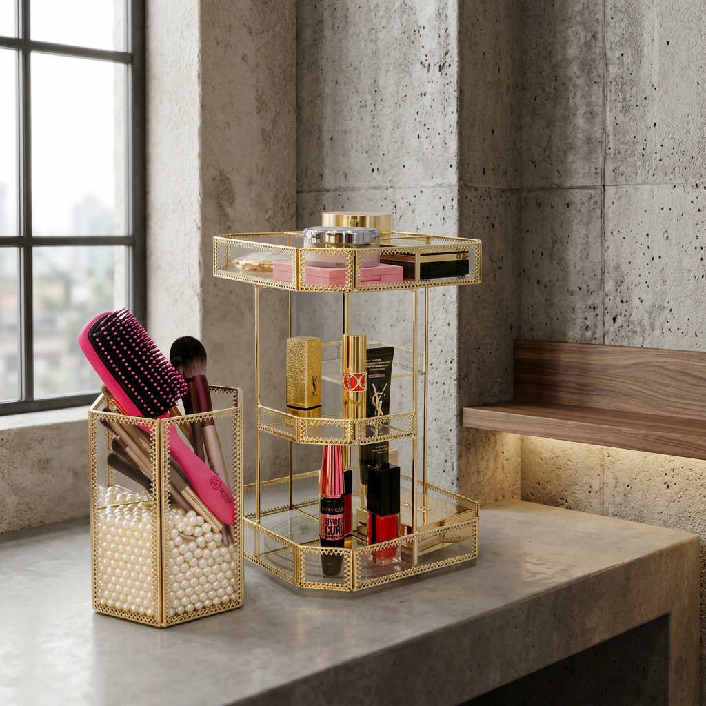 Rotating Gold-Glass Vanity Organiser — Geometric Dressing-Table Stand — Front view