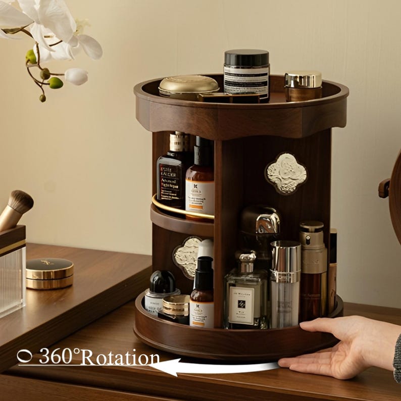 Rotating Timber Vanity Carousel — Scalloped Dressing-Table Organiser — Lifestyle 8