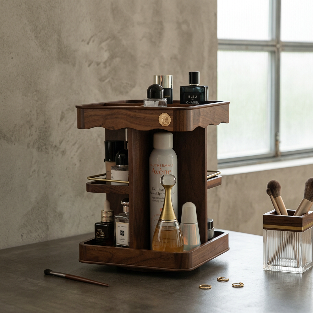 Rotating Timber Vanity Carousel — Scalloped Dressing-Table Organiser — Front view