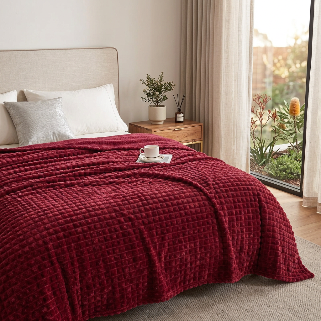 Waffle-Textured Fleece Throw Blanket — Soft Layered Warmth — Detail