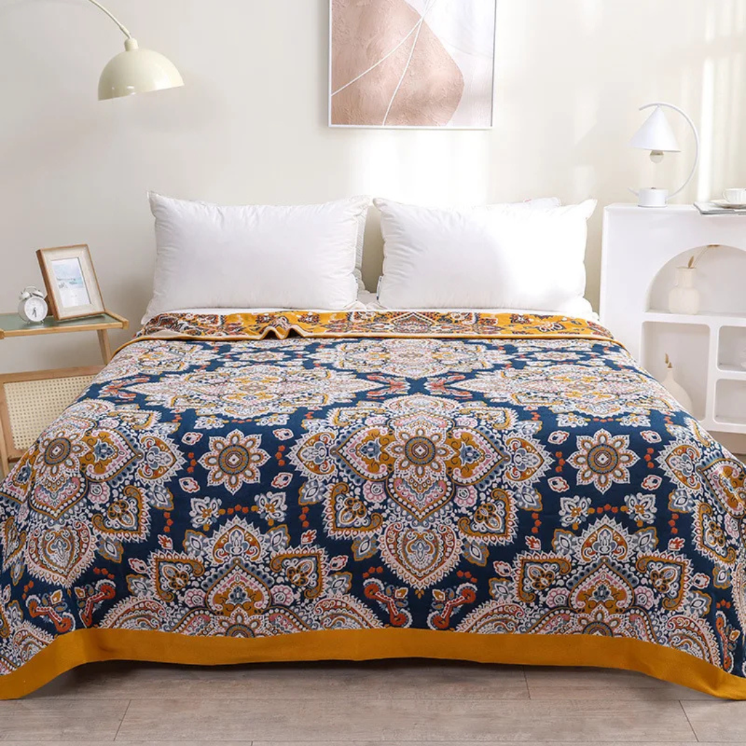 Patterned Cotton Throw Blanket — Traditional Mandala Design — Detail