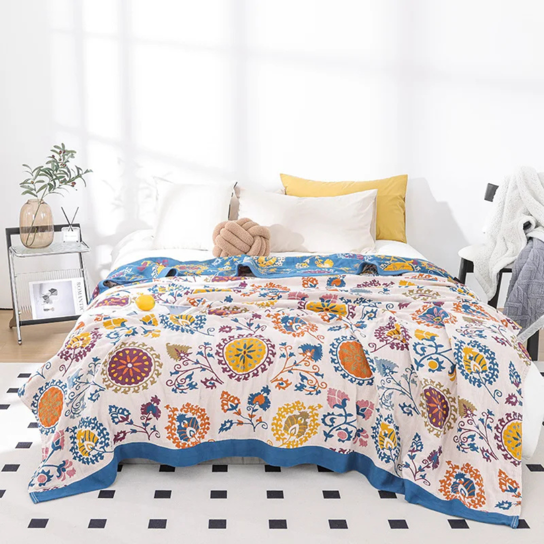 Patterned Cotton Throw Blanket — Traditional Mandala Design — Lifestyle 1