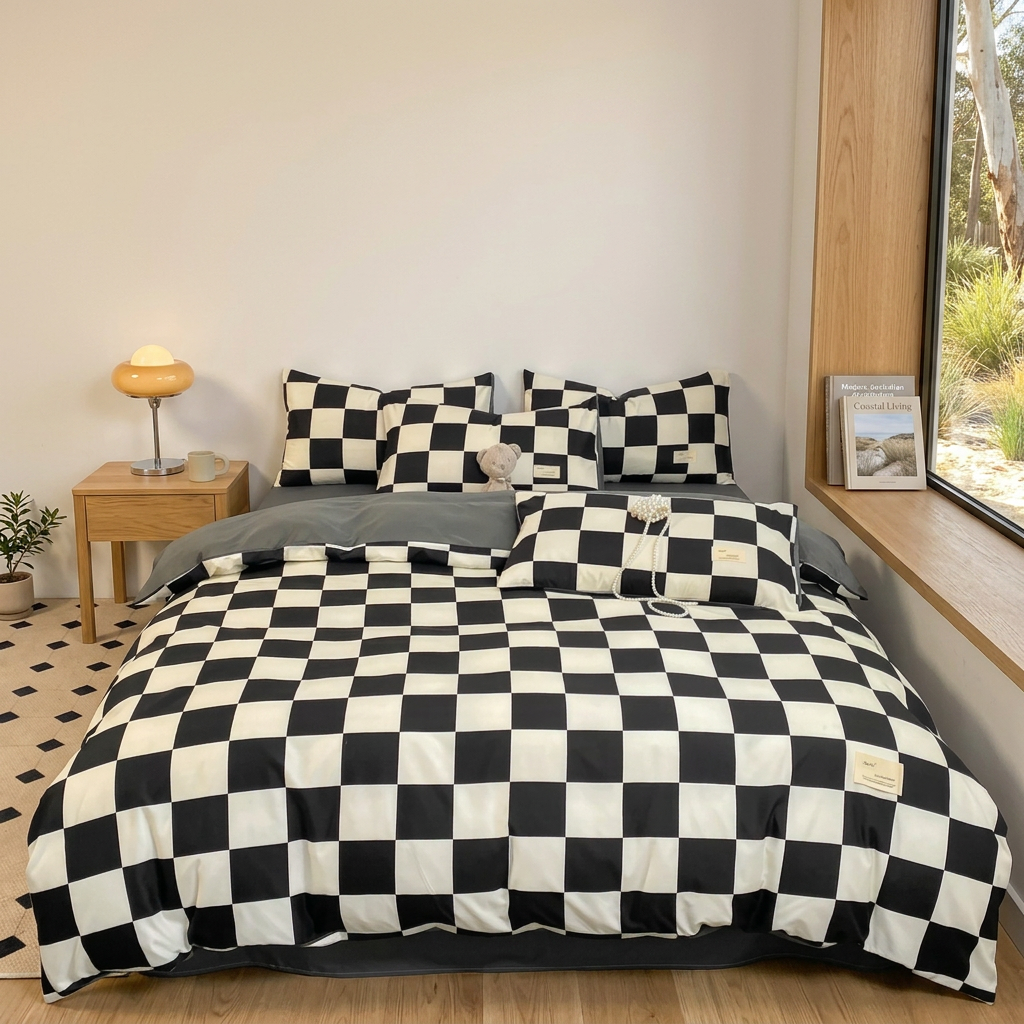 Checkerboard Quilt Cover — Cotton-Blend Geometric Bedding — Detail