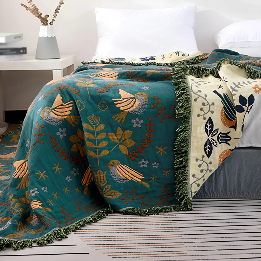 Embroidered Cotton Blanket — Warm Folk-Pattern Throw — Lifestyle 3