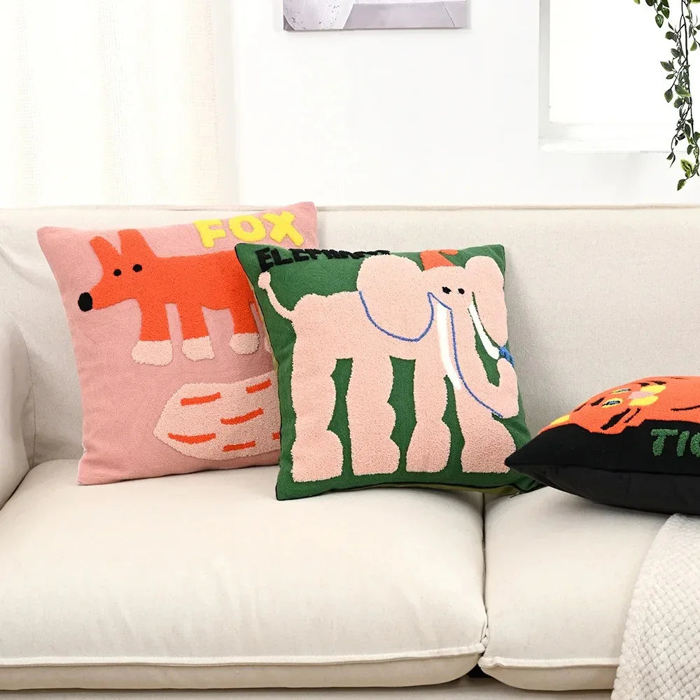 Nordic Animal Cushion Cover — Embroidered Cotton-Blend Accent — Lifestyle 1