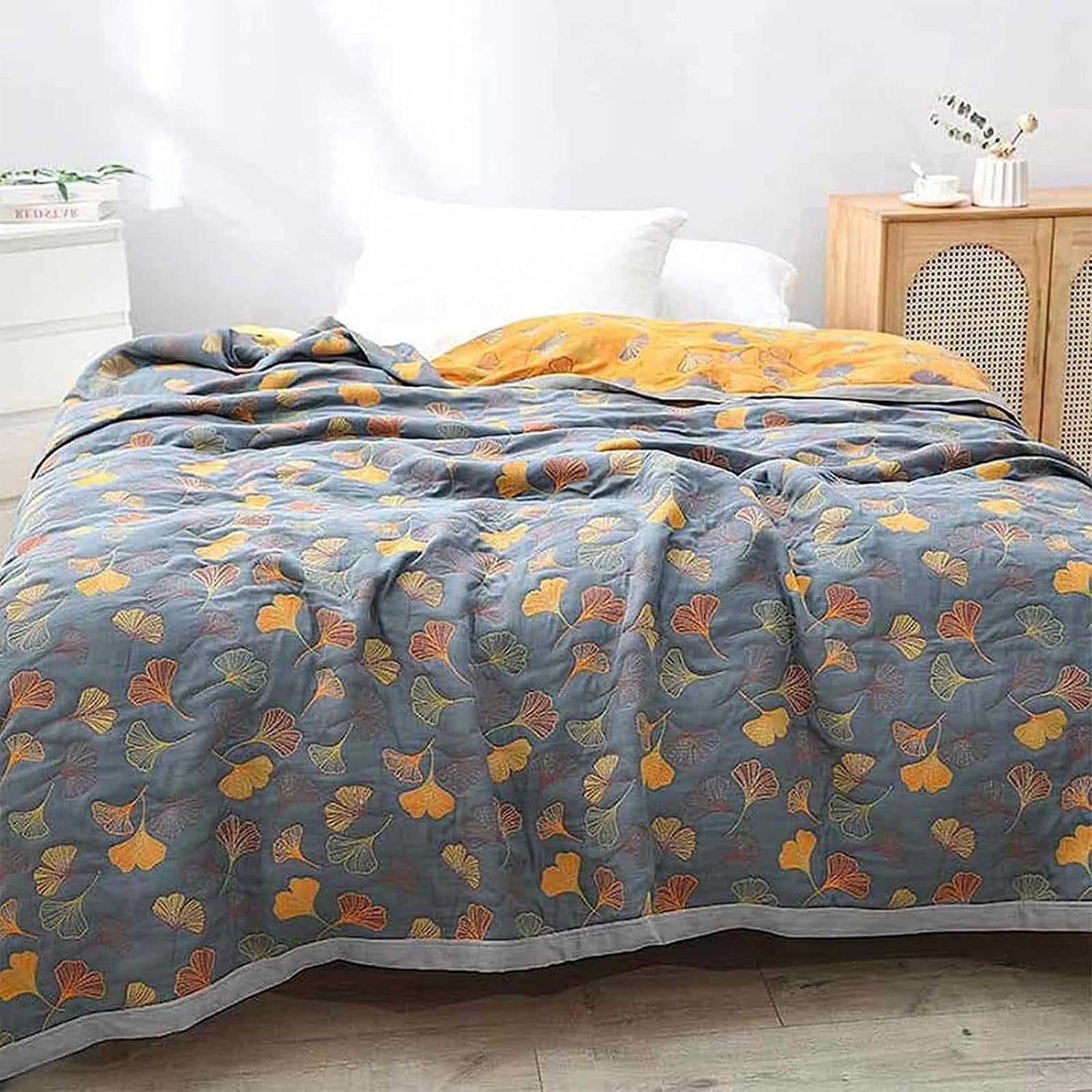 Cotton Ginkgo Throw Blanket — Reversible Woven Botanical Design — Detail