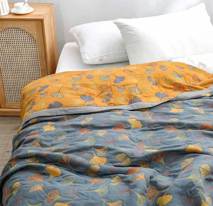 Cotton Ginkgo Throw Blanket — Reversible Woven Botanical Design — Lifestyle 1