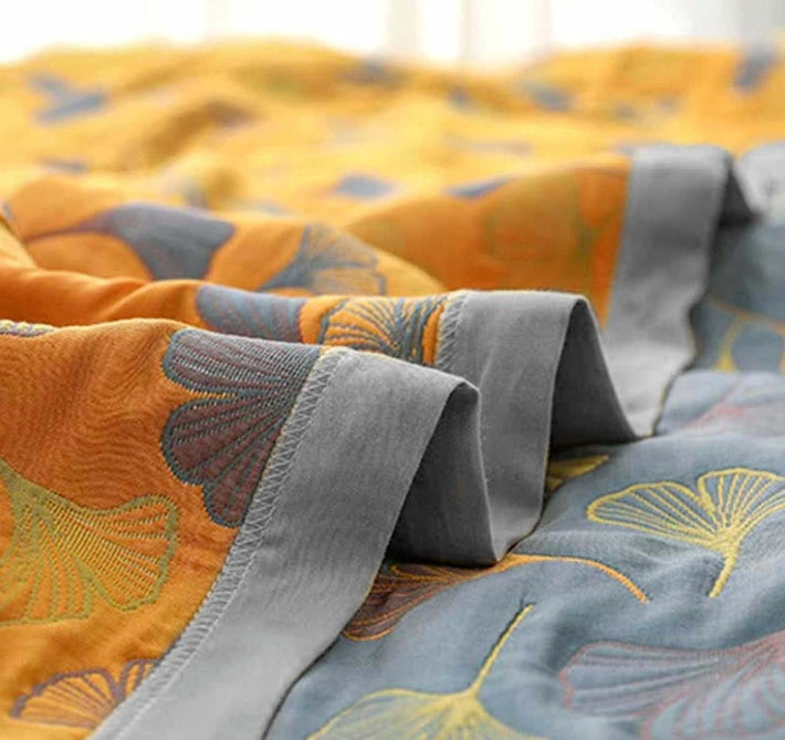 Cotton Ginkgo Throw Blanket — Reversible Woven Botanical Design — Lifestyle 4