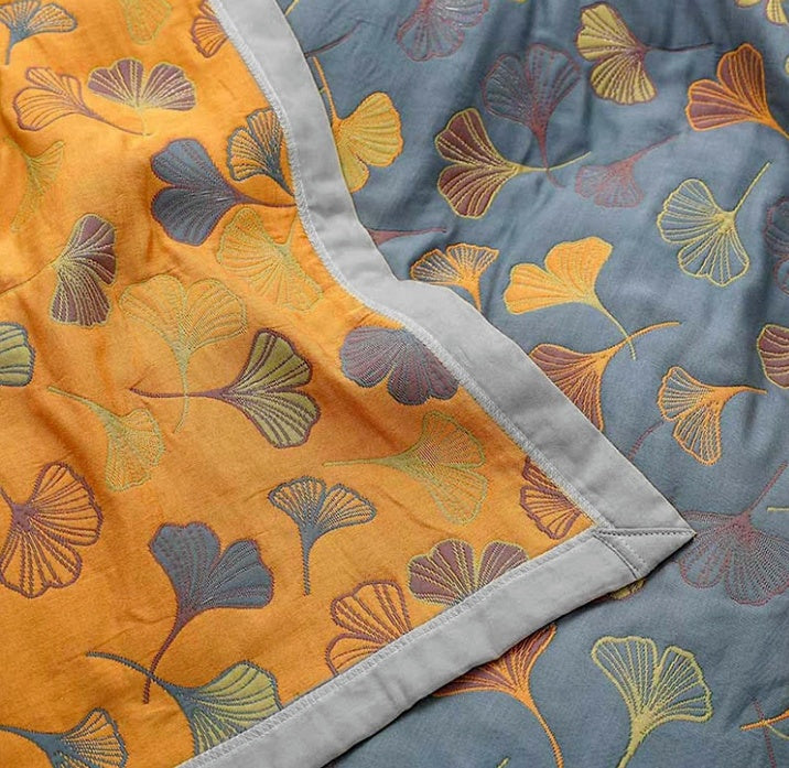 Cotton Ginkgo Throw Blanket — Reversible Woven Botanical Design — Lifestyle 5