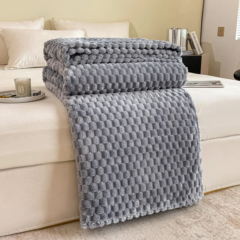 Fluffy Waffle-Check Throw Blanket — Plush Sofa Warmth — Front view