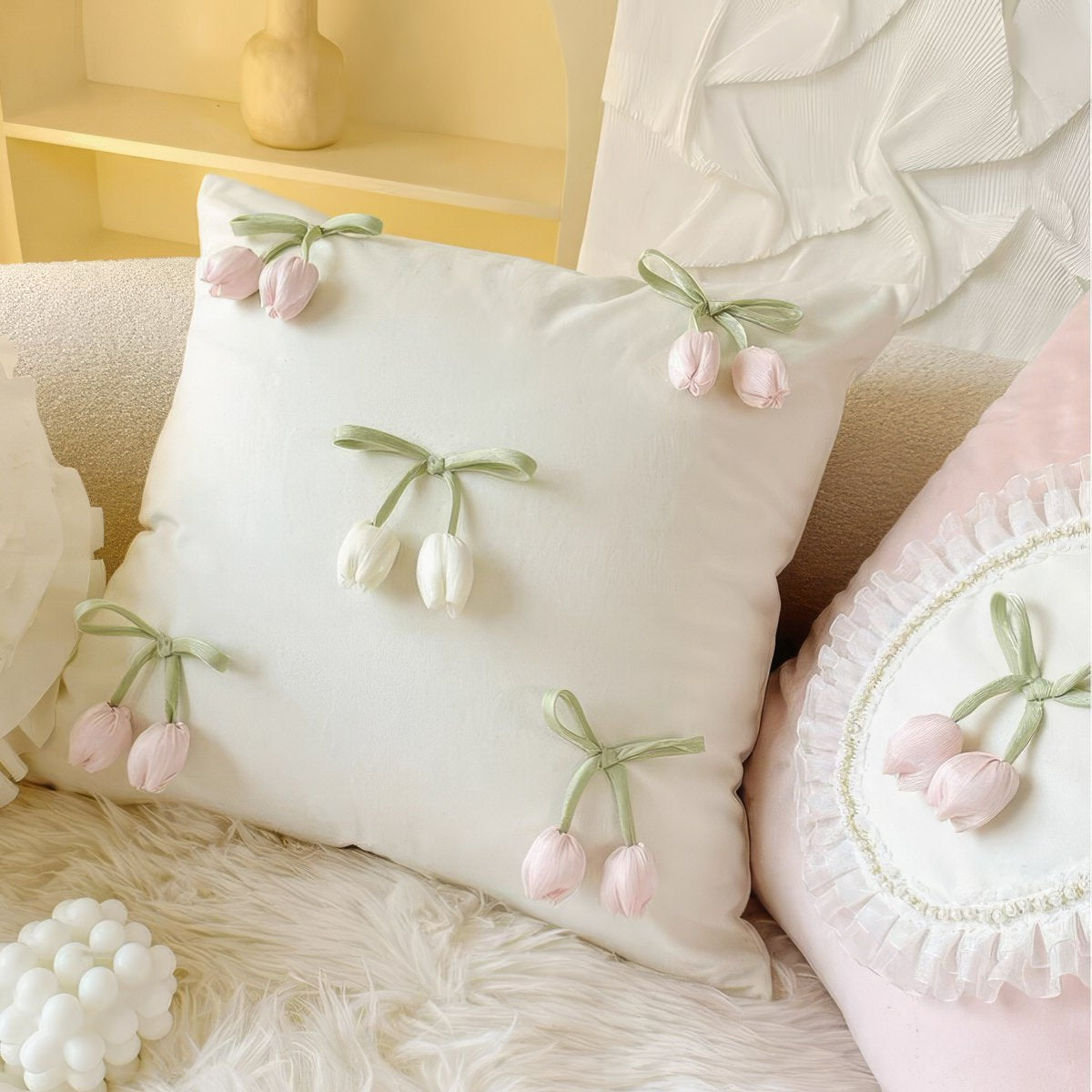 French Vintage Tulip & Ruffle Pillow Cover — Soft Textured Pillow for Bedroom Layering — Detail