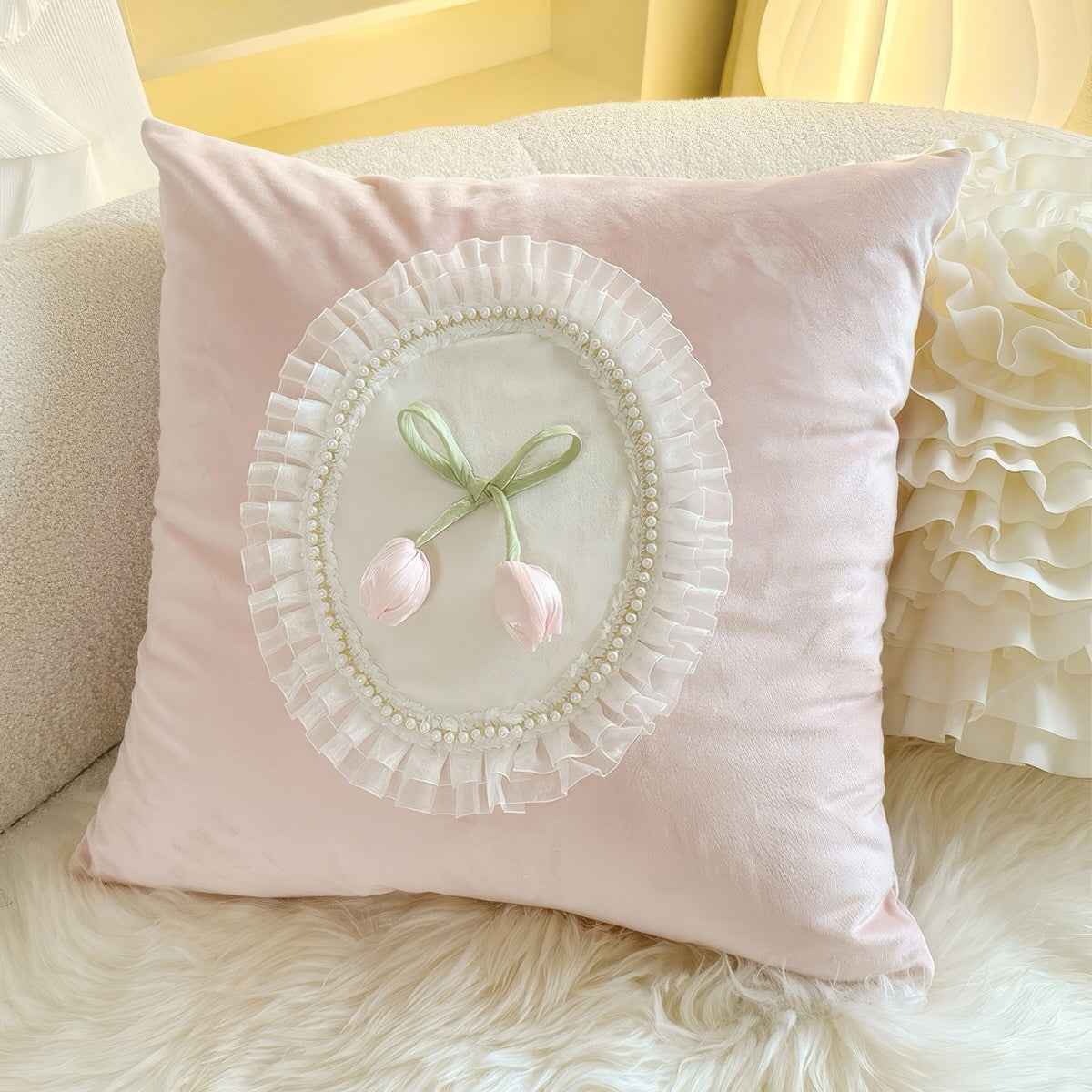 French Vintage Tulip & Ruffle Pillow Cover — Soft Textured Pillow for Bedroom Layering — Lifestyle 2