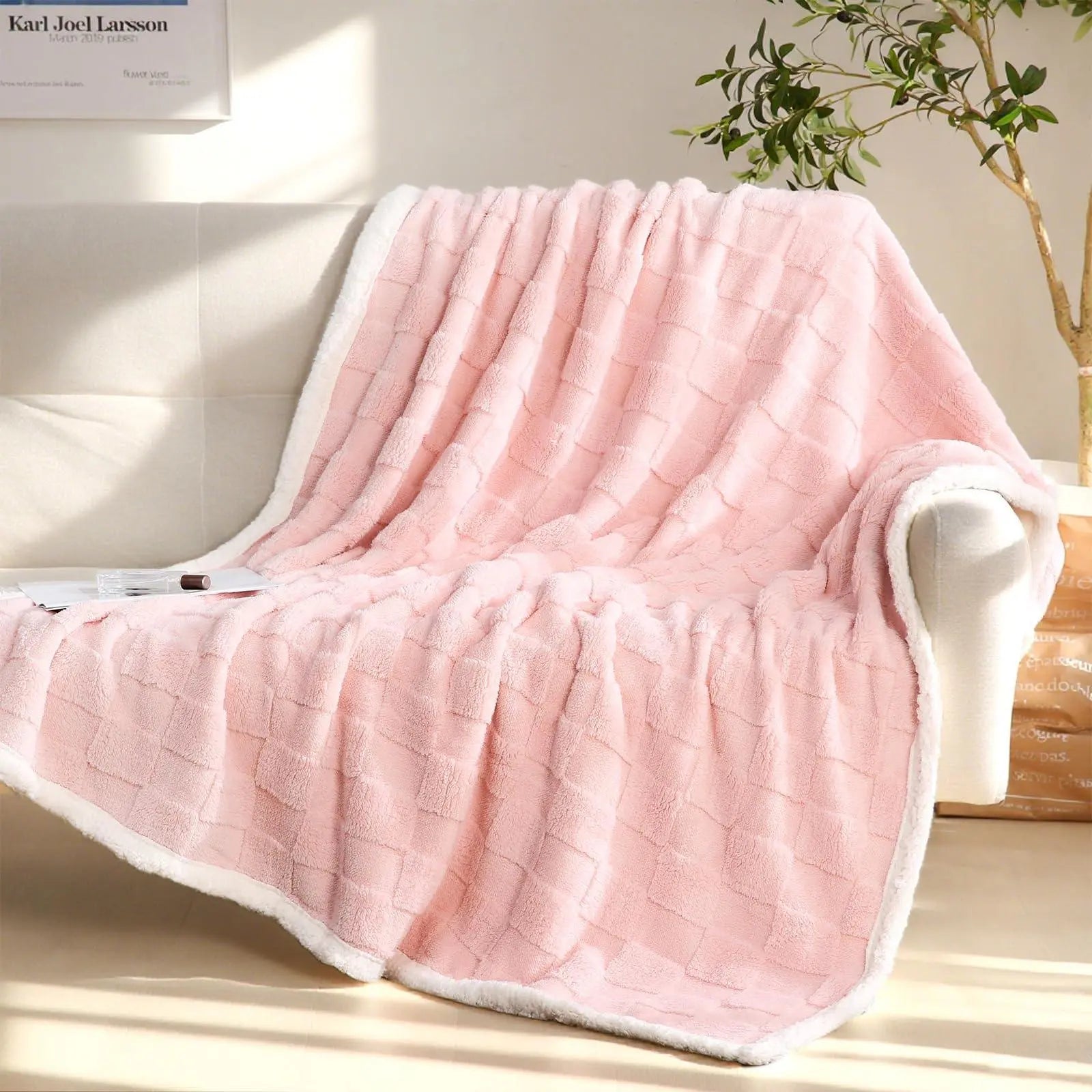 Sherpa Flannel Throw Blanket for Comfort and Warmth - Available in Pink, Beige, Grey, White; Sizes: Single, Double — Lifestyl