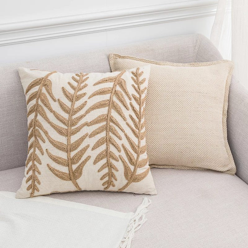 Linen Leaves Embroidery Cushion Cover — Embroidered Leaf Motif for Calm Bedroom Layering — Front view