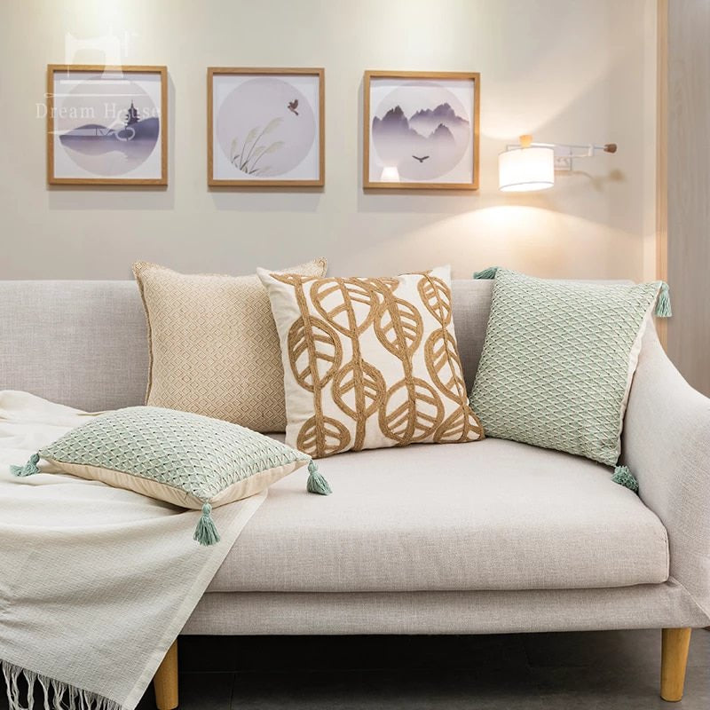 Linen Leaves Embroidery Cushion Cover — Embroidered Leaf Motif for Calm Bedroom Layering — Lifestyle 2