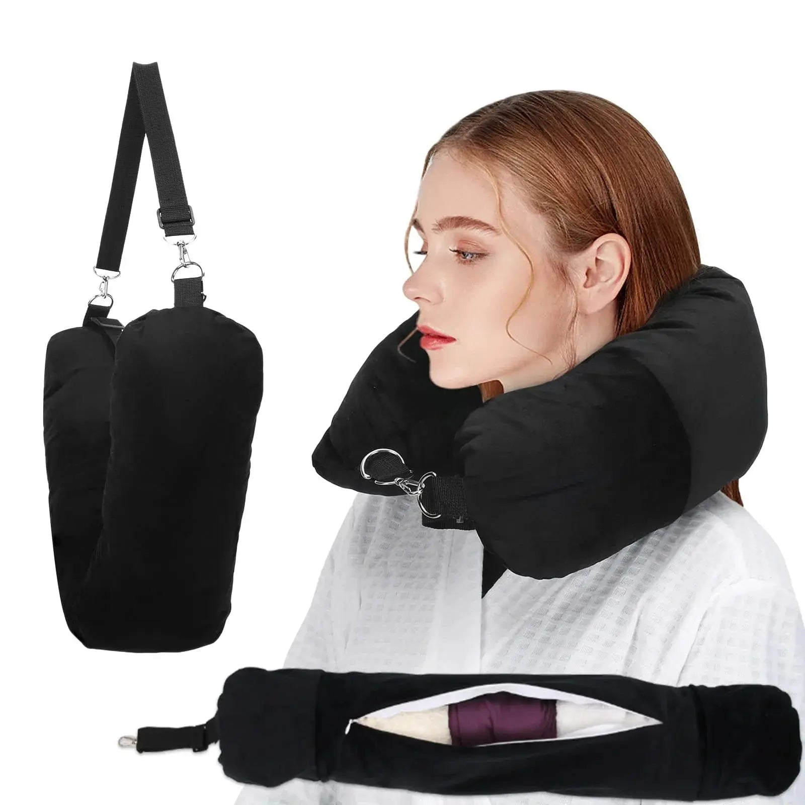 Fillable Travel Neck Pillow for Comfortable Rest in Grey, Black, Dark Blue, and Pink - Ideal for Journeys — Lifestyle 9