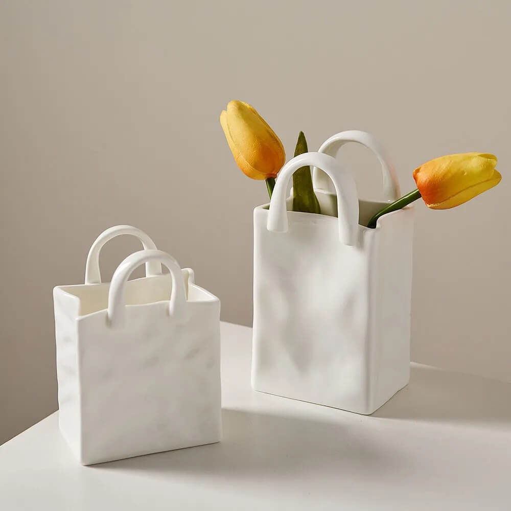 Paper Bag Shaped Ceramic Vase — Decorative Vase for Considered Styling — Front view