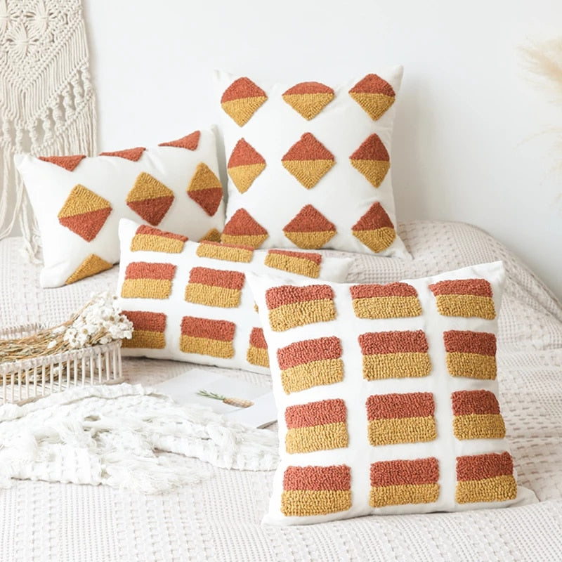 Ochre Tufted Cushion Cover — Soft Textured Pillow for Bedroom Layering — Lifestyle 2