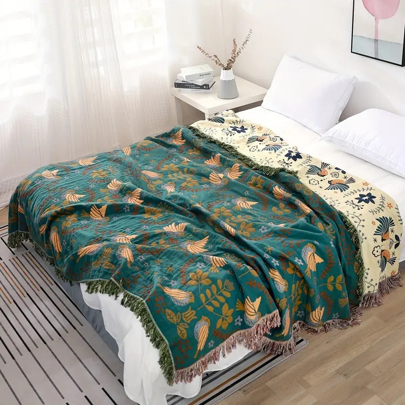 Reversible Jacquard Bird Blanket — Woven 100% Cotton Throw — Lifestyle 3