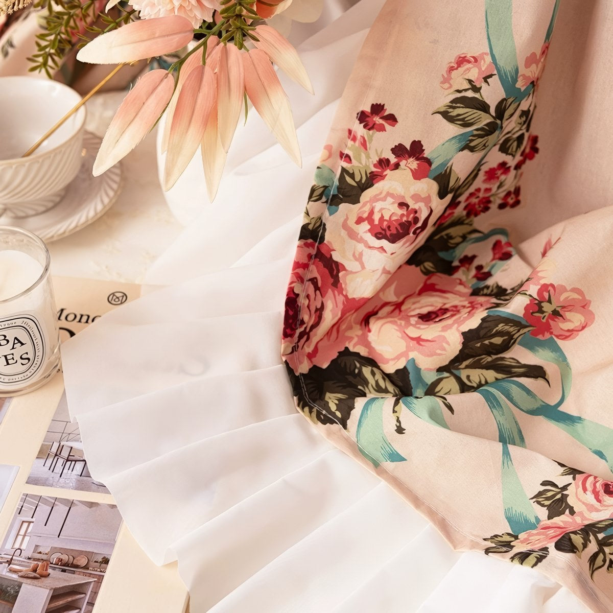 Rose Bouquet Ruffle-Trimmed Floral Curtain — Considered Home Styling — Detail