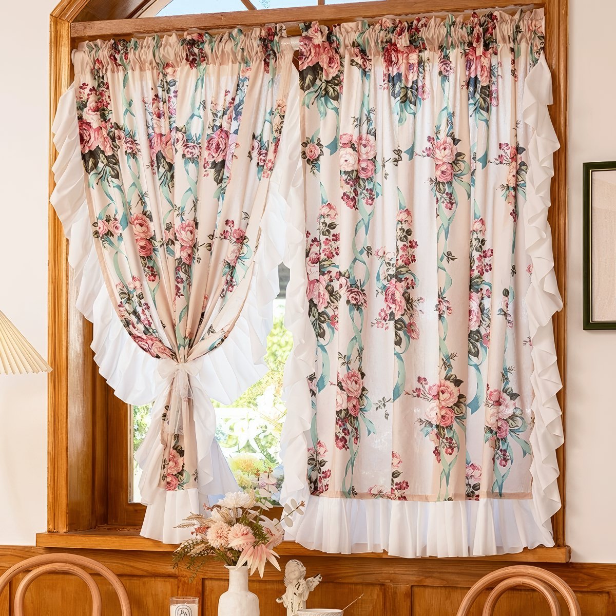 Rose Bouquet Ruffle-Trimmed Floral Curtain — Considered Home Styling — Front view